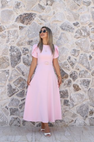 Pembe Kemerli Kol Detay Elbise