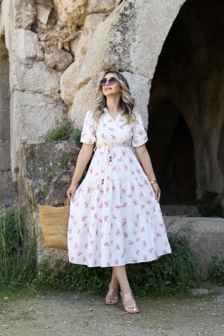 Pembe Keten Polo Yaka Kabartma Desen Elbise