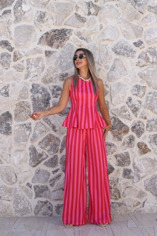 Pembe Kırmızı Çizgili Peplum Bluz Pantolon Takım