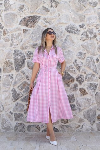 Pembe Kısa Kollu Kuşaklı Pötikare Elbise