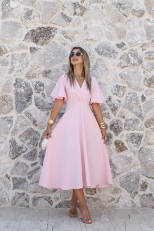 Pembe Kol Volanlı Uzun Kloş Elbise