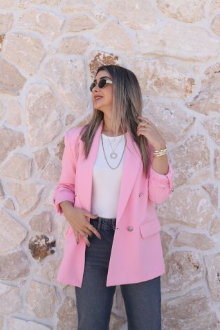 Pembe Kolu Katlı Gold Düğmeli Blazer