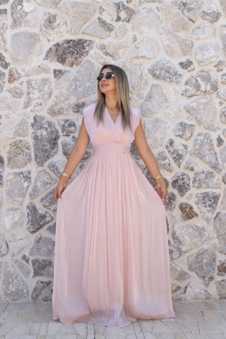 Pembe Kruvaze Yaka Pileli Abiye Elbise
