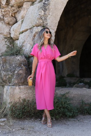 Pembe Kuşak Detay Kruvaze Elbise