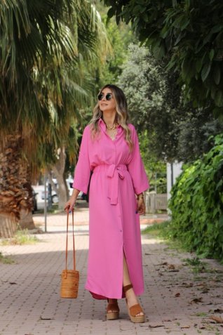 Pembe Naturel Keten Bel Kuşak Elbise