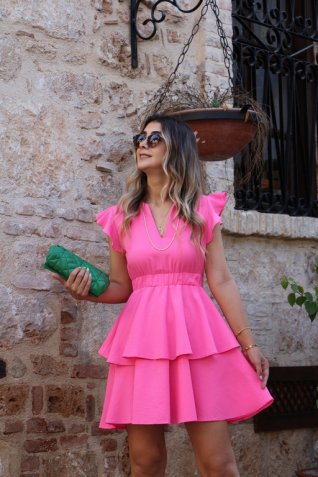 Pembe Omzu Fırfır Mini Elbise