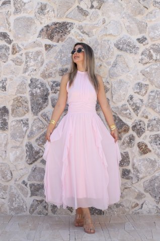 Pembe Önü Büzgülü Fırfırlı Şifon Elbise