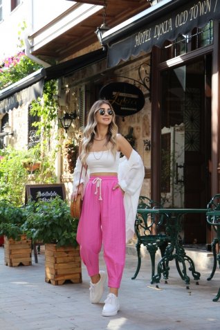 Pembe Paçası Pileli Pantolon