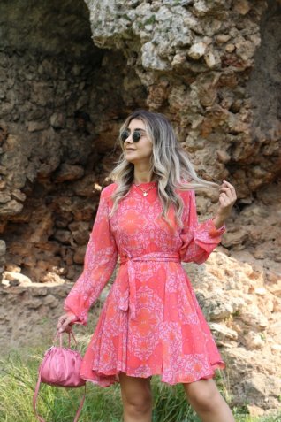 Pembe  Şeftali Fırfır Elbise
