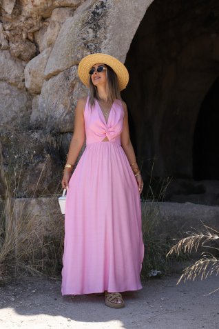Pembe Sırt Bağlama Detay Elbise