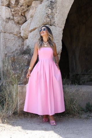 Pembe Straplez Pileli Elbise