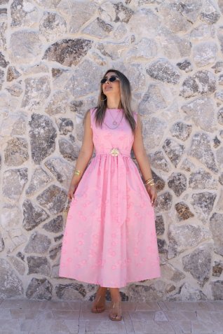 Pembe Üç Boyutlu Çiçekli Elbise