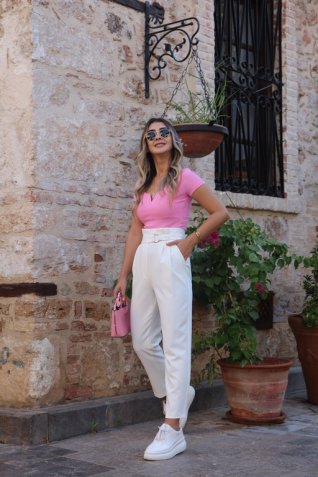 Pembe V Detay Fitilli Pamuk Bluz