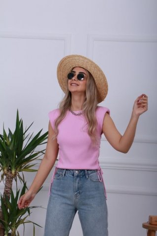 Pembe Vatkalı Yanı Büzgülü Bluz
