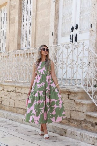 Pembe Yeşil Yaprak Detay Elbise