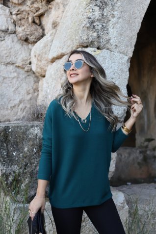Petrol Yeşili Yarasa Model Yumoş Bluz