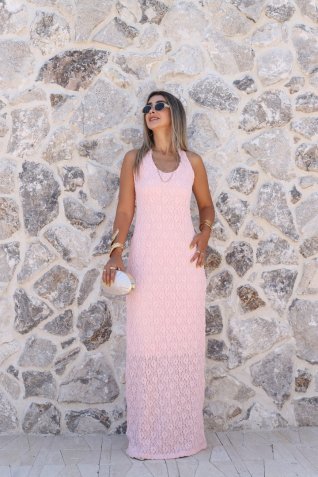 Pudra Dantel Halter Yaka Elbise