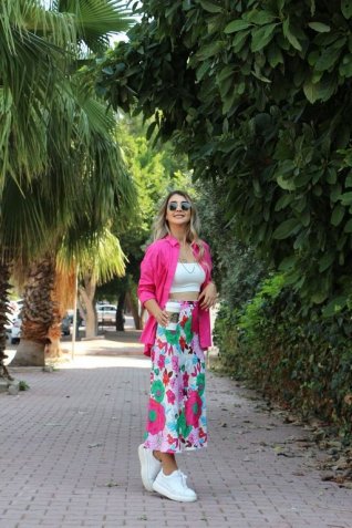 Renkli Çiçek Detay Saten Etek