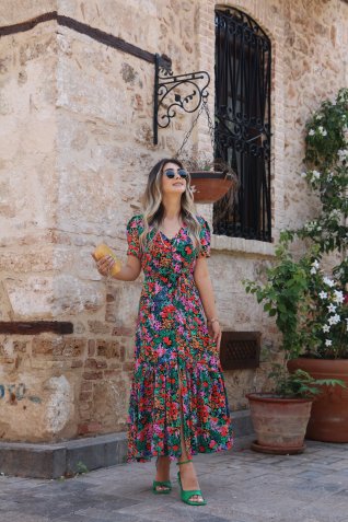 Renkli Floral Desen Düğme Detay Elbise
