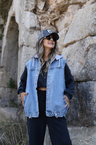 Şapka Detay Jean Yelek