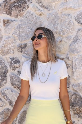 Sarı Bisiklet Yaka Nakışlı Crop Tshirt