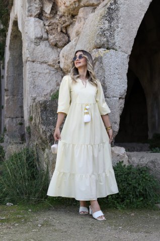 Sarı Çizgili Püskül Detay Elbise