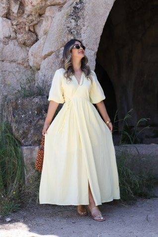 Sarı Müslin Bağlamalı Uzun Elbise