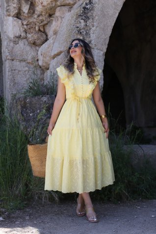 Sarı Önü Fırfırlı Sıfır Kol Fisto Elbise