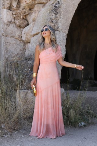 Şeftali Batik Desen Tek Omuz Maxi Tül Elbise