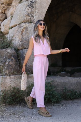 Şeker Pembe Yelekli Keten Havuç Takım