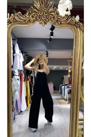 Siyah Askılı Keten Tulum