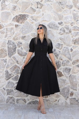 Siyah Balon Kol Gömlek Elbise