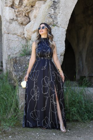 Siyah-Beyaz Desenli Halter Yaka Elbise