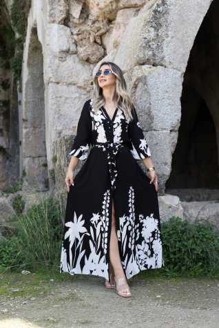 Siyah Beyaz Floral Desen Kemerli Elbise