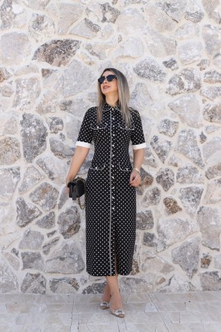 Siyah Biyeli Puantiyeli Elbise