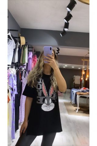 Siyah Bugs Bunny Desen Tshirt