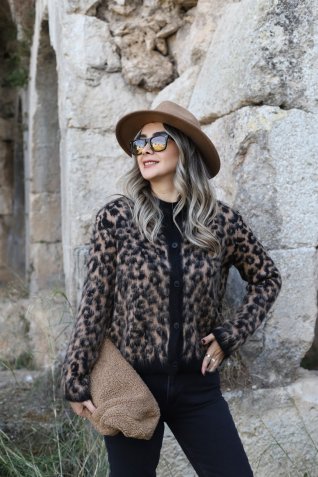 Siyah-Camel Standart Beden Leopar Desen Hırka