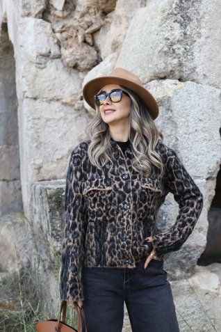 Siyah-Camel Standart Leopar Desen Jakarlı Hırka