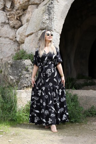 Siyah Çiçekli Beli Kuşaklı Viskon Elbise
