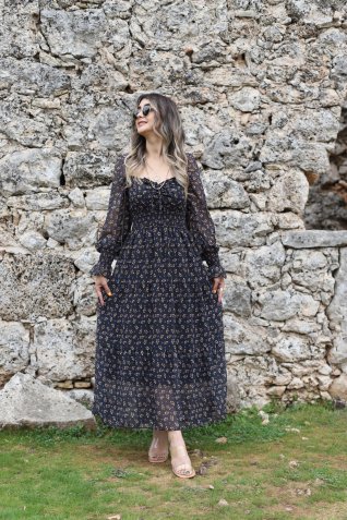 Siyah Çıtır Desen Elbise
