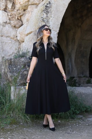 Siyah Cotton Yarım Fermuar Detay Çan Elbise