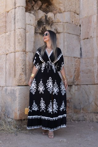 Siyah Desenli Beli Lastikli İp Detay Elbise