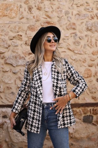 Siyah Desenli Bukle Blazer