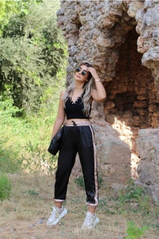Siyah Saten Bronz Eşoftman Altı