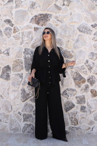 Siyah Gold Düğmeli Üst Standart Gömlek Pantolon Takım