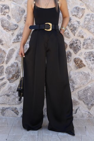 Siyah Gold Kemerli Saten Pantolon