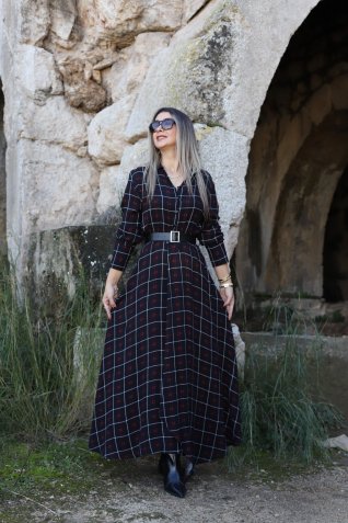 Siyah Gömlek Yaka Kareli Kemerli Elbise