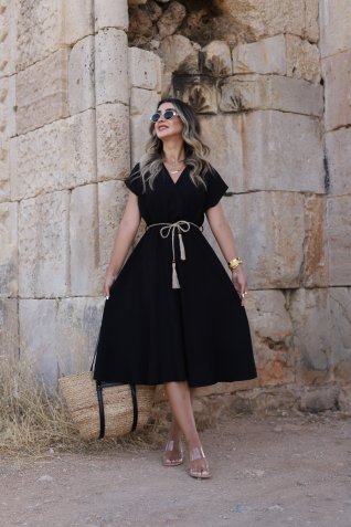 Siyah Hasır İpli Midi Elbise