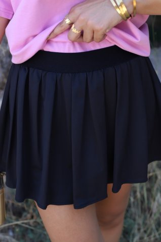 Siyah İçi Şortlu Beli Lastikli Pileli Mini Etek