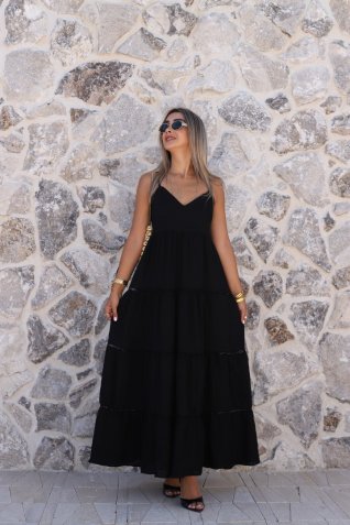 Siyah İnce Askılı Krinkıl Maxi Elbise